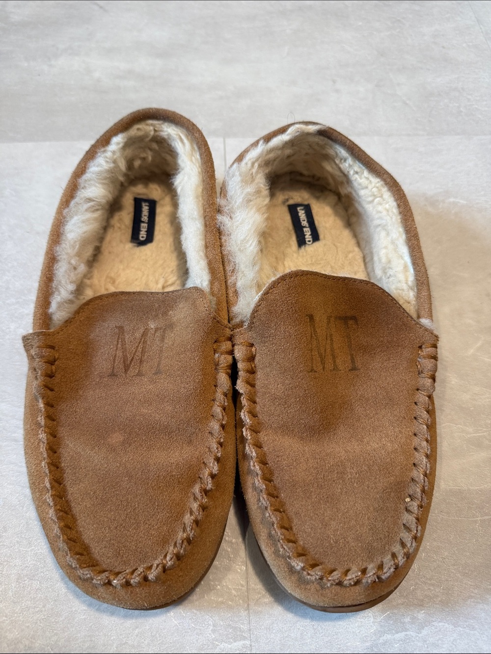 Lands’ End Suede Shearling Moccasin Slippers Men’s 11 Chestnut Monogram MT